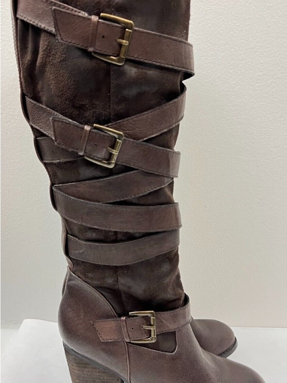 Steve Madden Brown Strappy Buckle Knee-High Heeled Boots